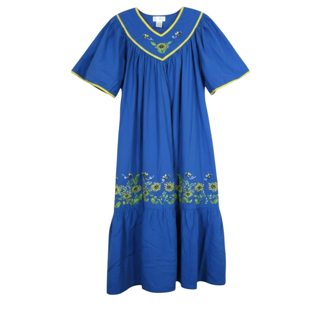CABERNET Blue TWILL Pleated BUMBLE BEES Lounge HOUSE DRESS KAFTAN MUUMUU Sz M